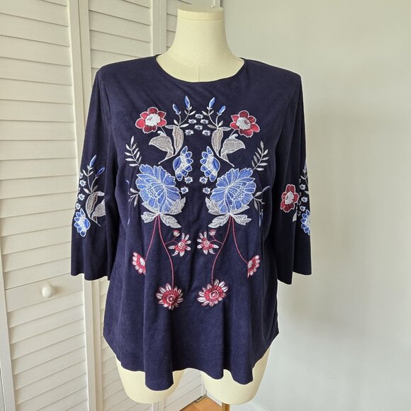 Charter Club Floral Embroidered Top Women's L Faux-Suede Cottagecore Boho‎ Chic - Picture 1 of 10